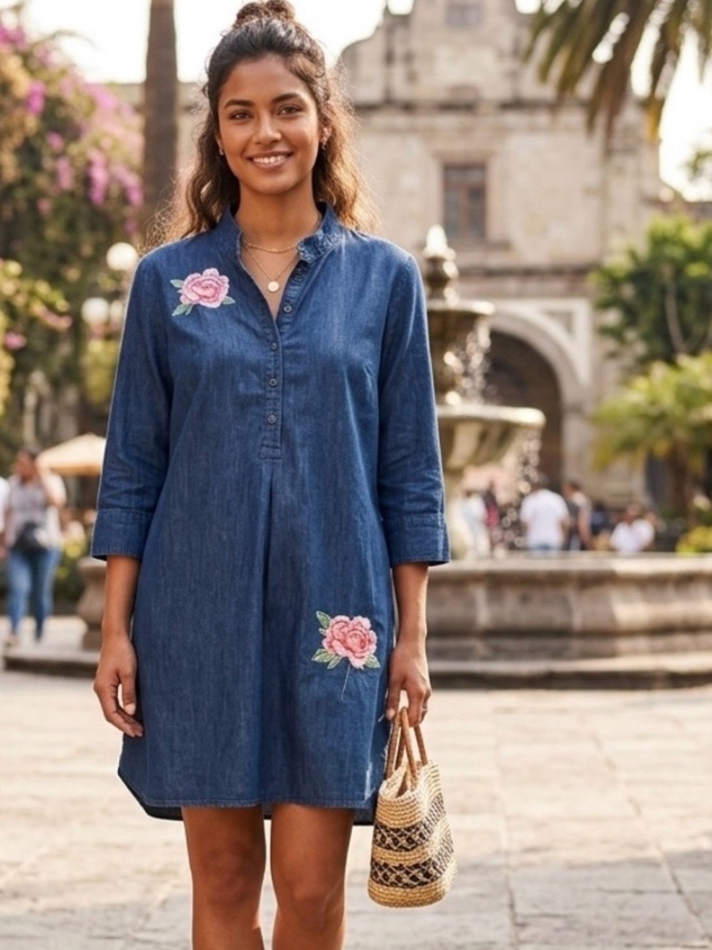 LMT: Light Denim Shirt Dress with two embroidered flowers Brand J Gee